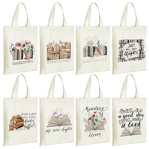 Sweetude 8 Pcs Book Lovers Club Gifts Bulk Canvas Tote Bags Bookish Librarian Reader Gift for Women Teacher(Book,Flower)