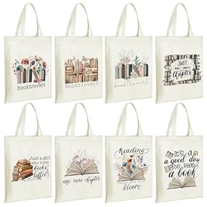 Sweetude 8 Pack Christmas Canvas Book Totes Bags Bulk Book Club Gifts Favors Bookish Book Lovers Gifts Librarian Readers Gifts for Women Coworkers(Book,Flower)