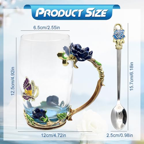 Enamels Butterfly Flower Tea Cup Sets, Glass Coffee Mugs, Valentines Christmas Birthday Graduation Mothers Day Gifts, Women Wife Her Mum Grandma Teacher Friend Present