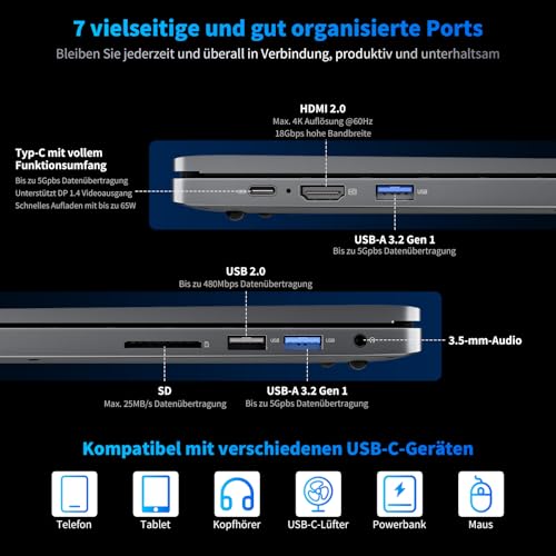 Blackview Laptop Acebook 12 Intel Core I5-1030NG7, 16 Zoll FHD, 16GB DDR4, 512GB SSD 2TB,Win11 Pro Notebook, 57Wh Mega Akku/ 67W Schnellladung, HDMI 2.0, Tastatur QWERTY, USB 3.0×2, Dual-Band 5G WiFi – Bild 6