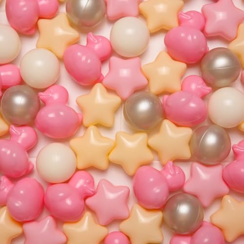 Pink Ball Pit Balls Shapes Pastel, Duck Star Shape Non Toxic for Toddlers Kids Baby Girls Boys Dogs Soft Play, Party, 100 pcs Pink Beige