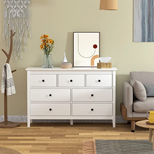 Carpetnal White Modern Dresser For Bedroom, 7 Drawer Double Dresser With Wide Drawer And Metal Handles, Wood Dressers & Chests Of Drawers For Hallway, Entryway. #TOP4