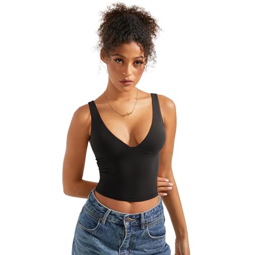 SUUKSESS Women Sexy V Neck V Back Tank Top Summer Sleeveless Going Out Double Lined Basic Tops2