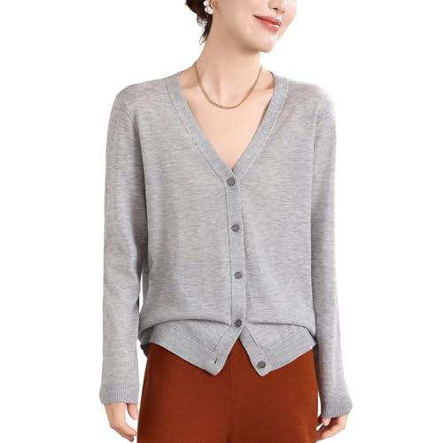 Image of Women's 100% Merino Wool Lightweight V-Neck Cardigan Sweater Button Down Long Sleeve Knitwear Outwear Tops
