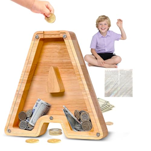 Personalized Wooden Letter Piggy Bank Alphabet Letter Coin Bank for Kids Boys Girls Toddler Large 26 Alphabet Money Bank Custom Name Transparent Saving Coin Bank, Children's Day Birthday Gift-(A)