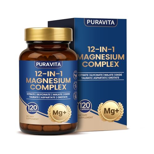 Puravita 12 in 1 Magnesium Magnesium 12 in 1 Complex for Women and Men with Glycinate Citrate Malate Oxide Taurat & More for Muscle Nerve & Sleep Support 120 Count