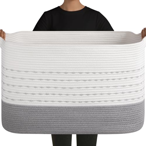 Image of OIAHOMY 108L Extra Large Blanket Basket, 25 inchx16 inchx16 inch Rectangle Woven Cotton Rope Baskets for Living Room, Toy Storage with Handle- Gradient Grey