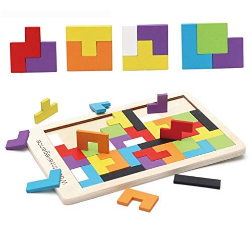 HOUSE HATCH Wooden Tetris Jigsaw Tangram Puzzle Brain Teasers Toy Russian Blocks Game Colorful Wood Puzzles 40 pcs Multi Color 3