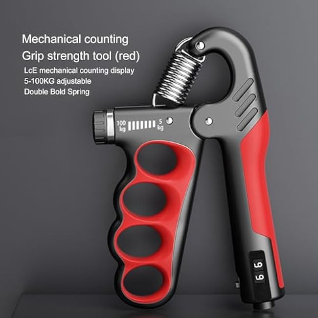 Grip Strengthener, Adjustable 5-100KG Hand Grip Trainer with Digital Counting, Polypropylene & Stainless Steel, Red, Fitness Equipment