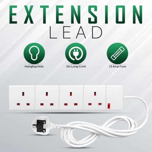 4 Way Extension Lead 3M Surge Protected UK Plug Power Extension Cable with 4 Gang Sockets, Surge Protection & Safety Shutters, Durable Plug Extension Cord for Home,Office - Image 3