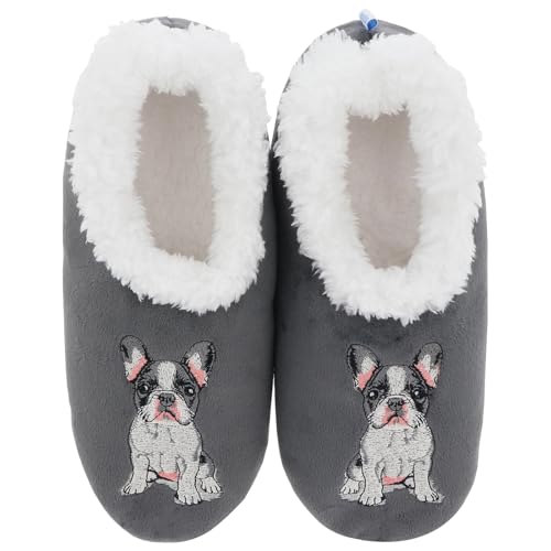 Snoozies! Pairables - Pantofole da donna con bulldog francese, foderate in pile Sherpa, suola antiscivolo, lavabili in lavatrice, colore: grigio, Frenchie, Large