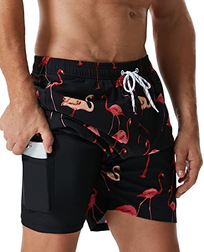 SILKWORLD Mens Swimming Trunks with Compression Liner Quick Dry 5 inch Swim Shorts with Zipper Pockets