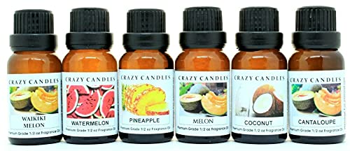 Crazy Candles 6 Bottles Set (Made in USA) 1 Cantaloupe, 1 Coconut, 1 Melon, 1 Pineapple, 1 Waikiki Melon, 1 Watermelon 1/2 Fl Oz Each (15ml) Premium Fragrance Oils