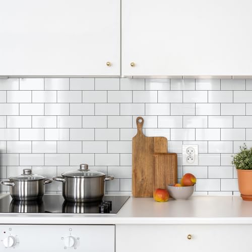 StyloVue 100 Pieces Peel and Stick Backsplash for Kitchen, 3" x 6" PVC Subway Tile, Glossy White with Dark Gray Grout, Self Adhesive Stick on Wall Tiles for Kitchen, Bathroom, Fireplace, RV by StyloVue - Used condition - Image 3