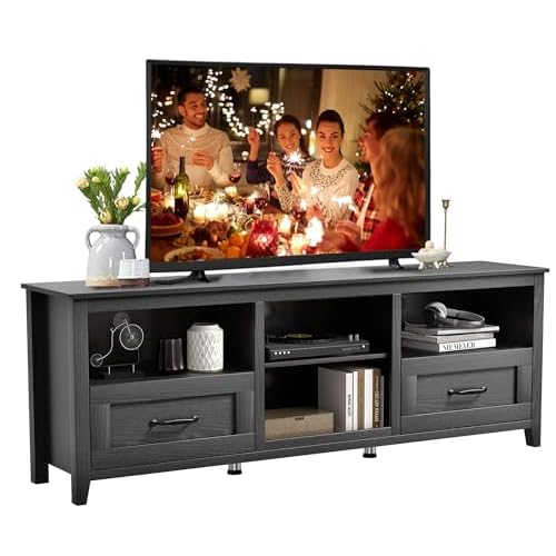 70 Inch TV Stand for 80 Inch TV, Modern Black Entertainment Center Under TV Cabinet with Storage，TV Console Cabinet with 2 Drawers and 4 Open Shelves for Living Room Bedroom Apartment