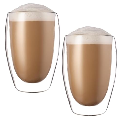 PRITOK Lot de 2 verres à latte macchiato à double paroi : lot de 2 verres à café à double paroi en verre borosilicate, tasses à cappuccino, tasses à thé, tasses à café isolées, passent au
