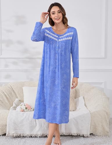 Image of IZZY + TOBY Nightgowns for Women Long Sleeve Soft Cotton Long Warm Nightdress Kintted Night Gown