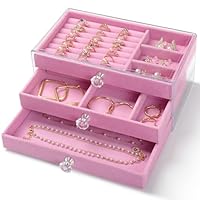 CHARMDI Acrylic Jewellery Box for Women with 3 Drawers, Girls Jewellery Storage with Dividers,Organiser box for Rings Bangle Bracelet Necklace and Earring Pink