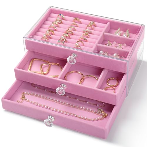 CHARMDI Acrylic Jewellery Box for Women with 3 Drawers, Girls Jewellery Storage with Dividers,Organiser box for Rings Bangle Bracelet Necklace and Earring Pink