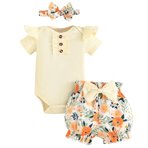 Image of GDTOGRT Baby Girl Clothes Newborn Infant Outfit Ruffle Romper and Short Pants Clothing Sets for Summer Spring