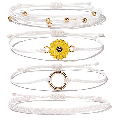 FANCY SHINY Sunflower String Bracelet Boho Braided Rope Wrap Bracelets Cute Summer Beach Surfer Jewelry for Women Christmas Gifts(White)