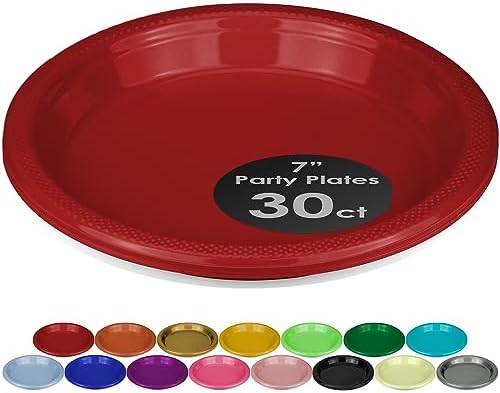 DecorRack 30 Small Plastic Plates, Heavy Duty 7 inch Colored Plastic Dinner Plates, Disposable Party Ware for Kids Birthday, Cake Dessert Plates, Holiday Tableware, Red (Pack of 30)