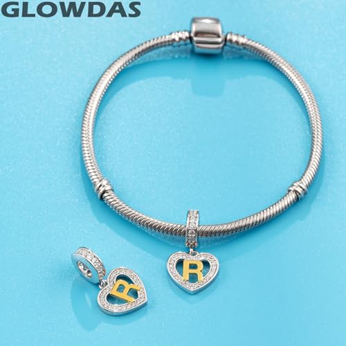 Image of GLOWDAS 18K Gold Plated Letter Charms Initial A to Z Necklace Pendant, 925 Sterling Silver CZ Heart Dangle Alphabet Beads fit European DIY Bracelet, Gifts for Valentiens /Christmas /Family