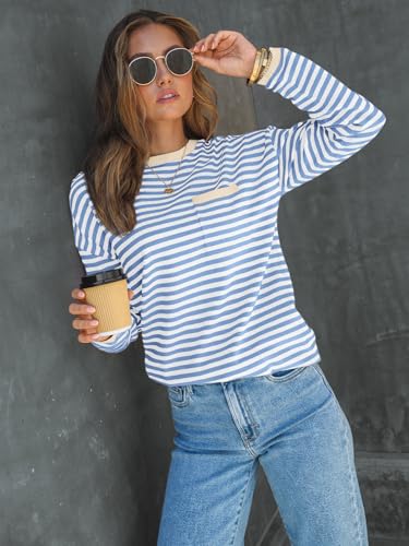 Image of LILLUSORY Womens Striped Soft Knit Pullover Sweater Loose Fit Shirts with Chest Pocket