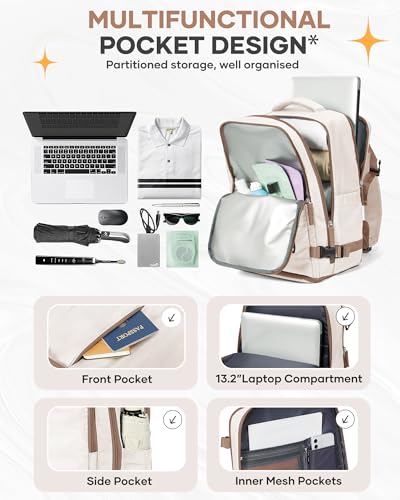 Image of Travel Backpack Carry on Flight Approved Mochila De Viaje Personal Item Backpack for Airlines Frontier Airlines Personal Item Bag Large Backpack for Travel Backpacks for Men Women Beige with Brown