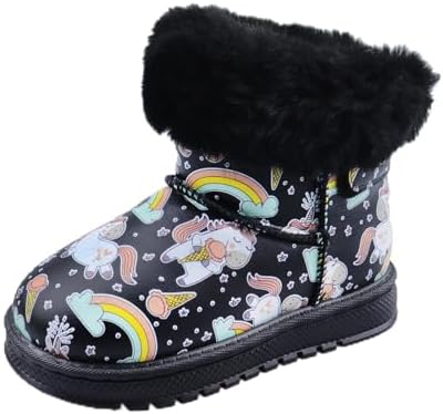 Unicorn Girls Boots Kids Winter Boots Non-Slip Faux Fur Lined Fuzzy Snow Boot for Toddler/Little Kid