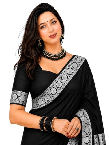 Image of Women's Glory Banarasi Satin Kanjivaram Saree Silver Zari Border Pure Soft Blend Silk Sari Kanchipuram Paithani Silk Party Wedding Festive New Ladies Sadi with Unstiched Blouse Piece.