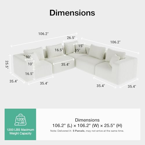 Image of Novilla 106 inch Modular Sectional Sofa, V Shape Sectional Couch, Modern Cloud Design with Smarts Coil Support, Boneless Couch for Large Living Room Apartment, No Assembly Required, Beige