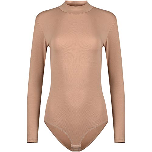 Evoni Body de manga larga para mujer con cuello medio y ganchos de cierre de algodón (L, marrón claro) Cover