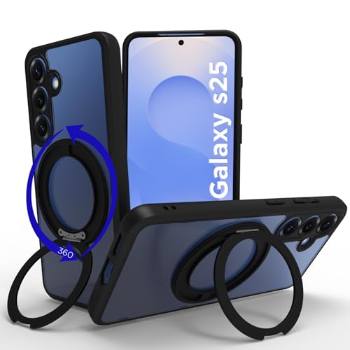 Image of RIGGEAR Shockproof Sleek Hybrid Armor 360 Rotating Magnetic Ring Stand Back Cover Case Compatible with MagSafe Accessories for Samsung Galaxy S25 (Clear PC + Black TPU Bumper)