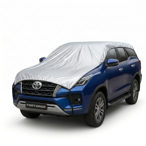 Image of Pivalo Half Car Body Cover for SUV Cars (All Models & Years) | 100% Waterproof Outdoor UV & Heat All Weather Protection | Triple Stitched 3 Layer with Adjustable Straps Cover (Reflective Silver)