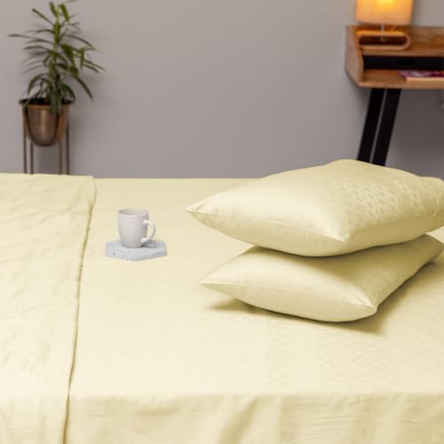 Image of Blue Dahlia 100% Cotton, King Size /Double, Elastic Fitted Bedsheet (72 inchx78 inch) + 2 Pillow Covers,Fits Upto 10 inch Mattress, 300TC Premium Bedsheet, Dazzling Diamond Jacquard - Ivory