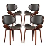 AMERLIFE Dining Chairs Set of 4, Mid-Century Modern Faux Leather Chairs with Walnut Bentwood Back and Solid Wood Adjustable Legs for Kitchen Dining Room, Black