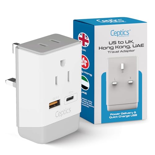 Ceptics UK Ireland Hong Kong Plug Adapter, International Power Plug with USB & USB-C - 2 USA Socket, QC 3.0 & PD - Type G Outlet Adapter for USA to British England Scotland London - Fast Charging