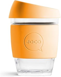 JOCO 12oz Travel Friendly Eco-innovative Borosilicate Reusable Classic Glass Coffee Cups, Microwave Safe Travel Coffee Cup, 100% Plastic Free Thermal Shock Resistant Glass Mug (Orange Sun)