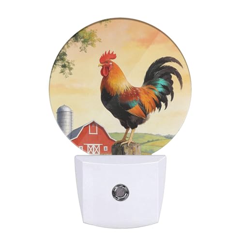 Image of Golden Rooster Night Light Crowing Rooster on Fence Night Lights Plug into Wall for Boys Girls, Plug-in Nightlight 0.5W LED Lighting for Stairway Hallway Bedroom