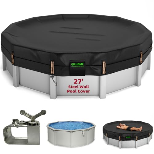 QH.HOME 550D 27 foot Pool Covers for Above Ground Pools[Upgraded Tear-Proof & Threefold Windproof] wth Pre-Installed Winch and Rope Durable 4.5 Foot Overlap& Extra-Thick Designed for STEEL WALL Pools