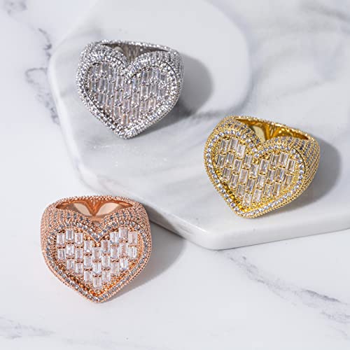 Lulu Mel Iced Out Baguette Cz Diamond Heart Ring Jewelry, All Match Bling Bling Dainty Gold Pinky Ring Party Rose Gold Love Girl Women Luxury Gift(Silver, 7) #TOP7