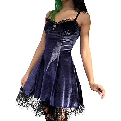 Vestido de mujer de terciopelo, sin mangas, cuello en V, estilo gótico y vintage, con volantes, para Halloween