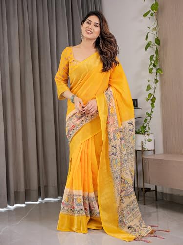 Image of ALMAARI FASHION Handloom Cotton Saree, Yellow with Traditional Floral Print and Lotus Motifs, 5.5 Metre with Blouse Piece