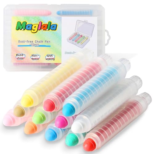 maglala 12 Pcs Dustless Chalk Pens, Non-Toxic Washable Colored Chalk for Kids, Wet Wipeable, Ideal for Outdoor Art & Blackboard Drawing