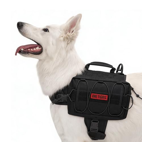 OneTigris 犬 ハーネス 中型犬 大型犬 喉に優しい バックパック一体型ハーネス ハンドルと伸縮性のあるコードが付属 厚手のメッシュ裏地 ペットボトル・傘収納対応 通気性 調節可能 1000Dナイロン製 名前タグを貼り付け可能 圧力分散 (ブラック, Ｍ)の商品画像（Amazon）
