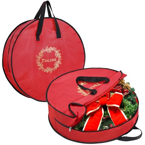 BALEINE 2 Pack Wreath Storage Container, Christmas Wreath Storage Bag with Reinforced Handle for Holiday Xmas (Red, 30"X8")