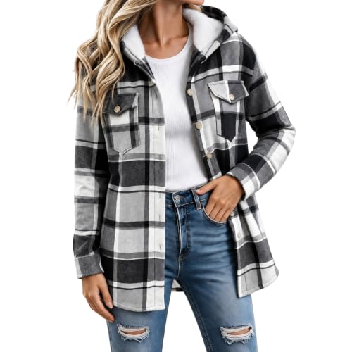 Fleece Jacket Women Plaid Fleece Lined Jackets Hooded Shacket with Pockets - image 7