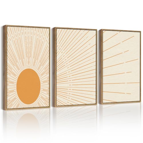 PHOPAGO Boho Sun Wall Art Minimalist Bohemain Framed Wall Printing 11x14in Sun Lines Warm Prints Decor - Natural Framed