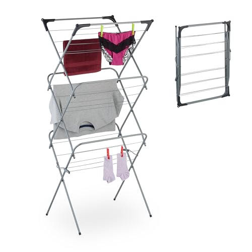 Relaxdays Tvättställ, hopfällbart, 18 stänger, 136 x 62 x 51 cm, inomhus, metall, platsbesparande torkställning, grå